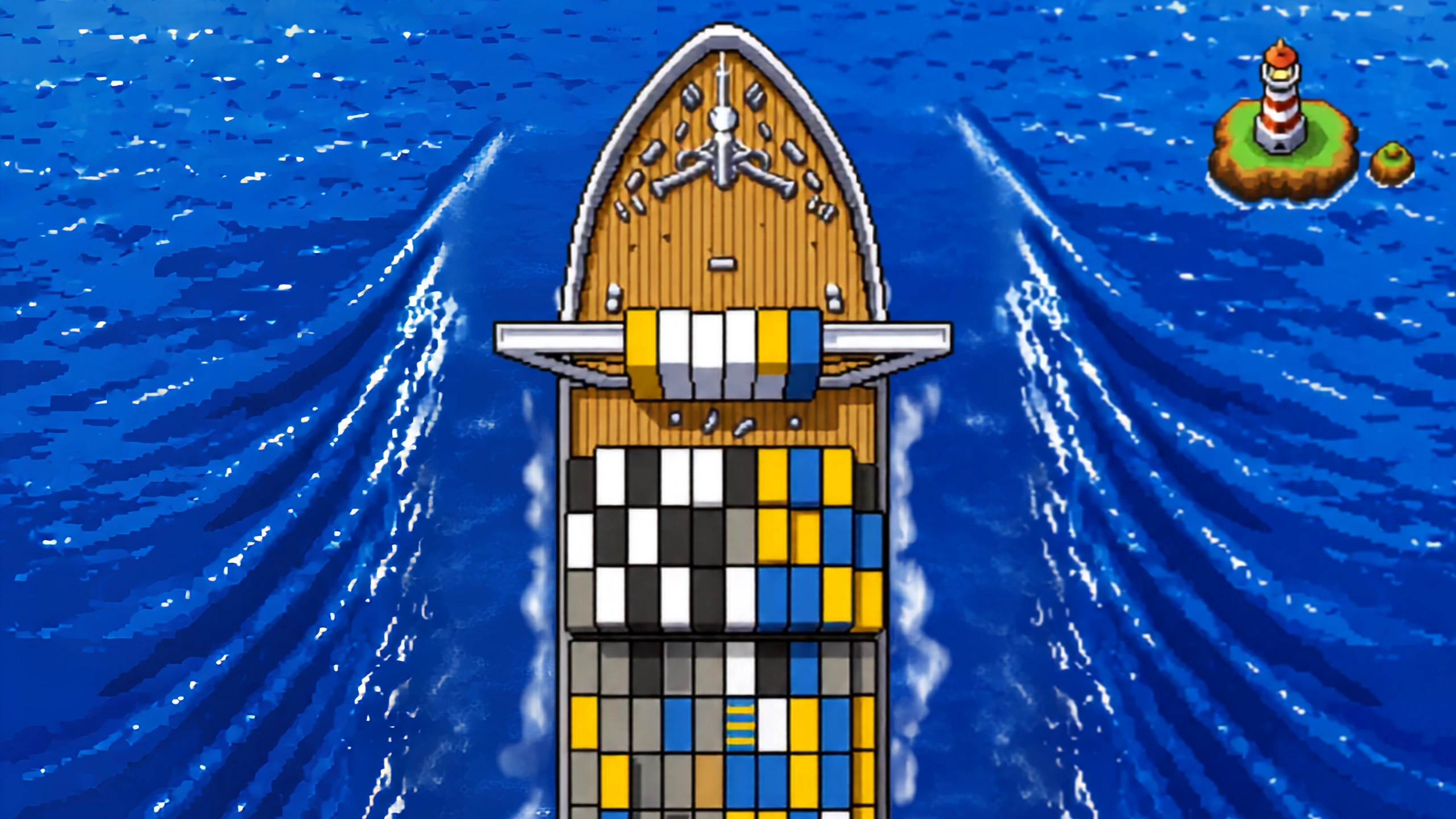 Cargo ship viewed from above, carrying containers across the ocean